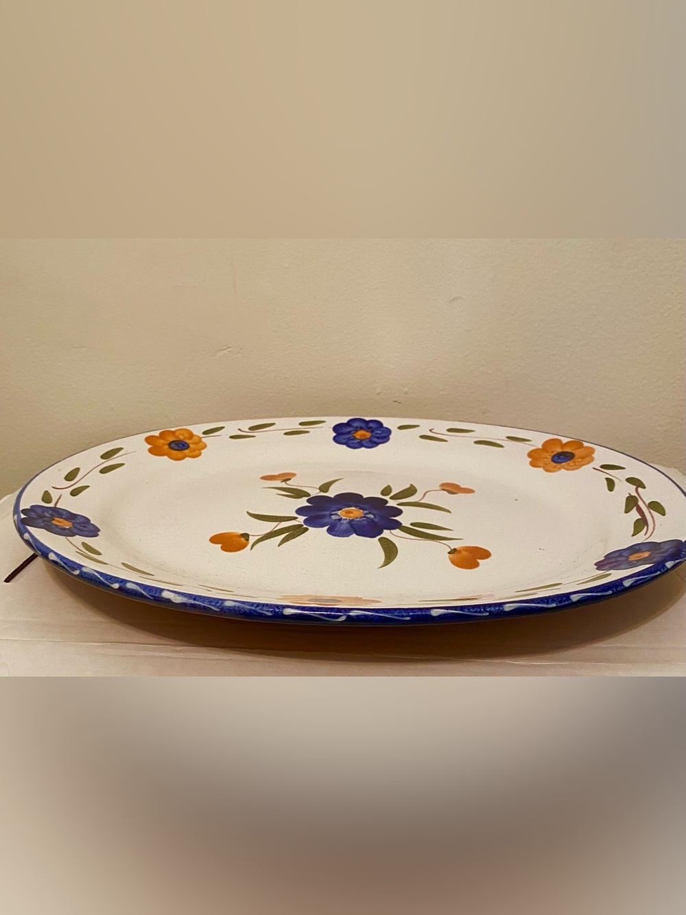 Vintage Furio Made in Italy Ceramic Floral Large 16”x13” Platter, White & Blue.